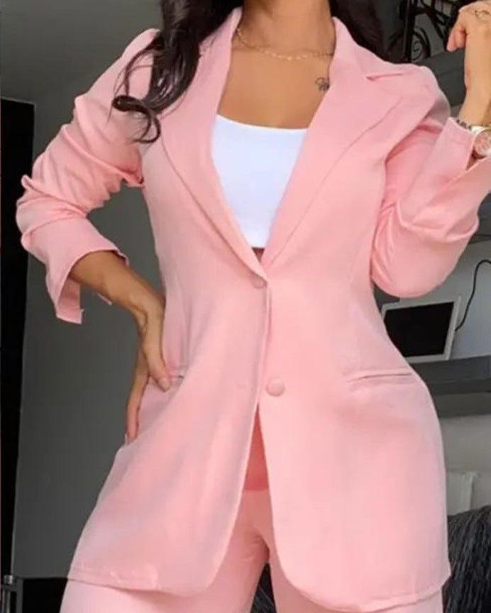 ✨👗Conjunto feminino de blazer com gola entalhada elegante e calças de perna larga