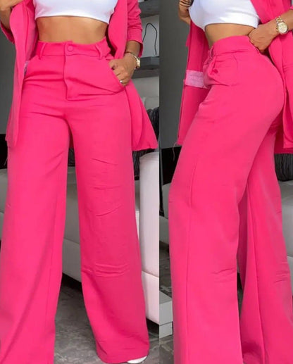 ✨👗Conjunto feminino de blazer com gola entalhada elegante e calças de perna larga