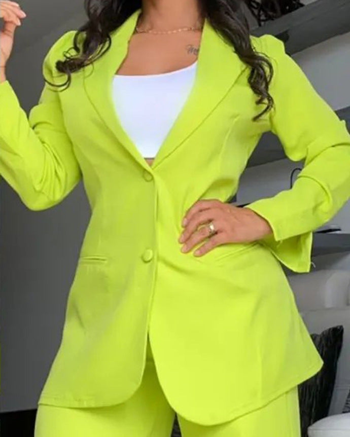 ✨👗Conjunto feminino de blazer com gola entalhada elegante e calças de perna larga