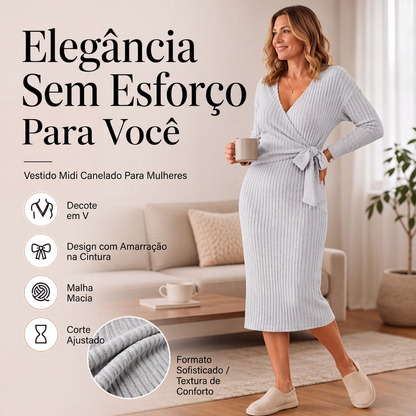 ✨👗Vestido elegante de malha canelada com decote em V e amarração para mulheres