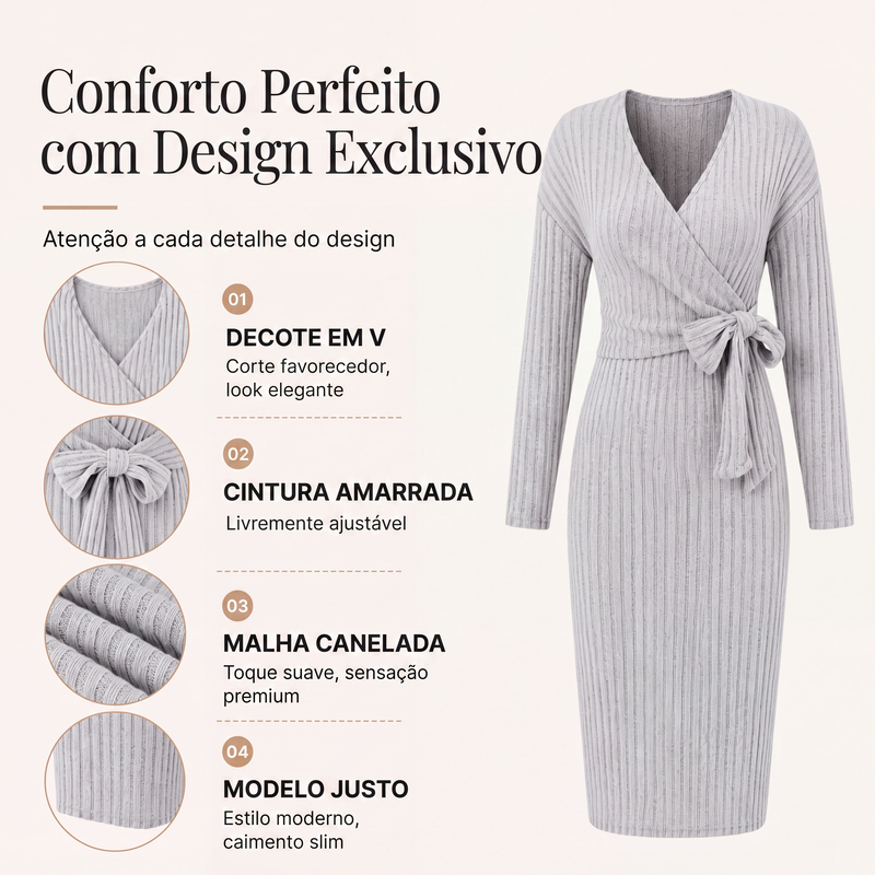 ✨👗Vestido elegante de malha canelada com decote em V e amarração para mulheres