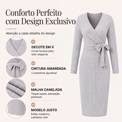 ✨👗Vestido elegante de malha canelada com decote em V e amarração para mulheres