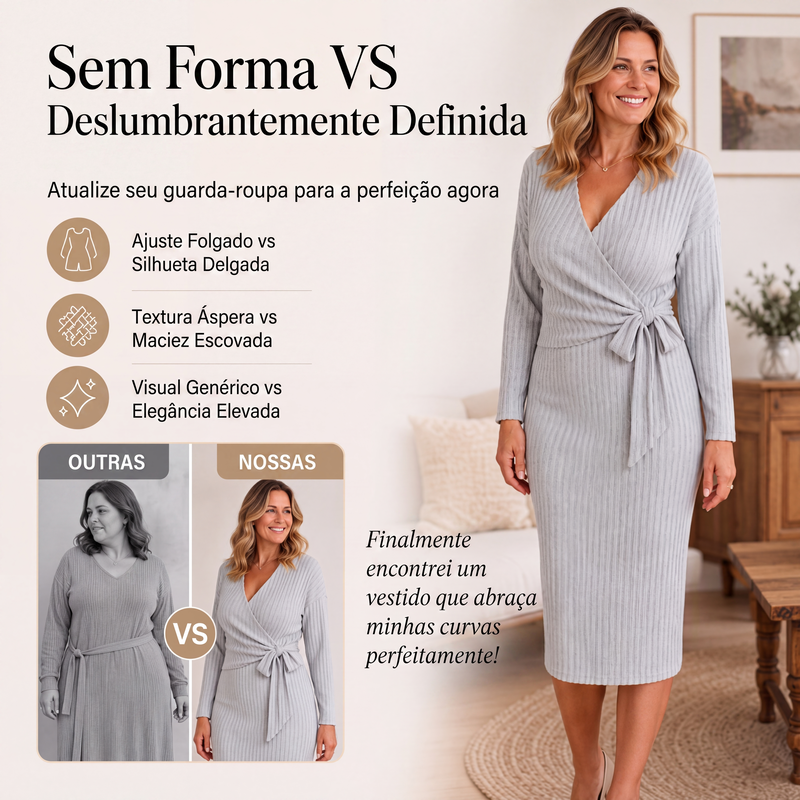 ✨👗Vestido elegante de malha canelada com decote em V e amarração para mulheres