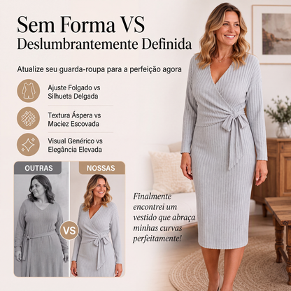 ✨👗Vestido elegante de malha canelada com decote em V e amarração para mulheres