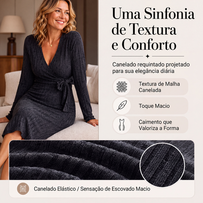 ✨👗Vestido elegante de malha canelada com decote em V e amarração para mulheres