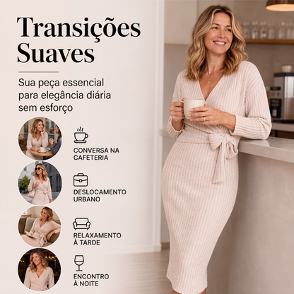 ✨👗Vestido elegante de malha canelada com decote em V e amarração para mulheres