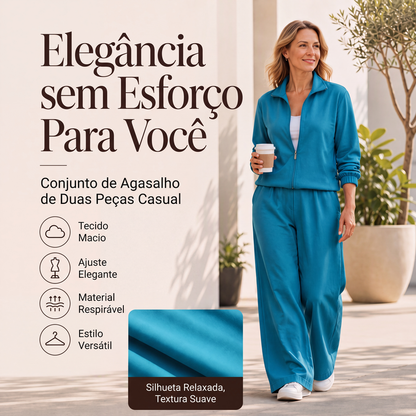 ✨👗Conjunto de cardigã com zíper e calças de perna larga para mulheres