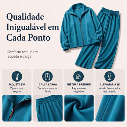 ✨👗Conjunto de cardigã com zíper e calças de perna larga para mulheres