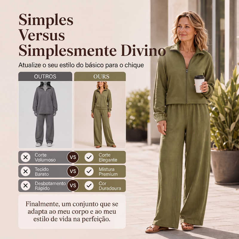 ✨👗Conjunto de cardigã com zíper e calças de perna larga para mulheres