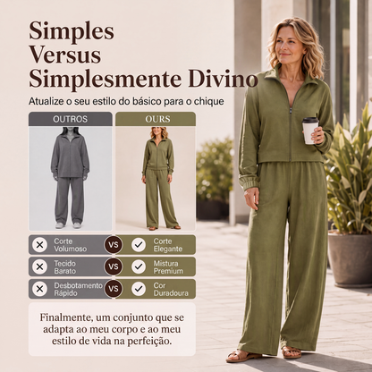 ✨👗Conjunto de cardigã com zíper e calças de perna larga para mulheres