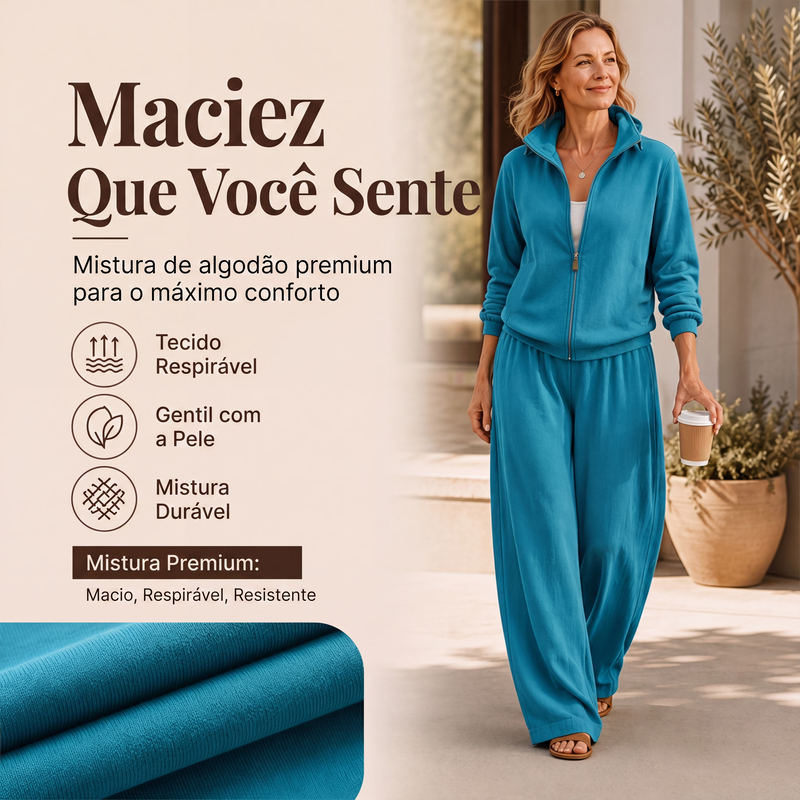 ✨👗Conjunto de cardigã com zíper e calças de perna larga para mulheres