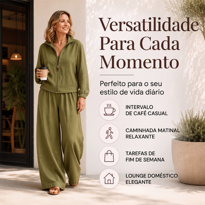 ✨👗Conjunto de cardigã com zíper e calças de perna larga para mulheres