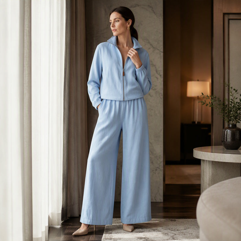 ✨👗Conjunto de cardigã com zíper e calças de perna larga para mulheres