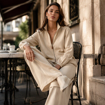 ✨👗Conjunto de cardigã com zíper e calças de perna larga para mulheres