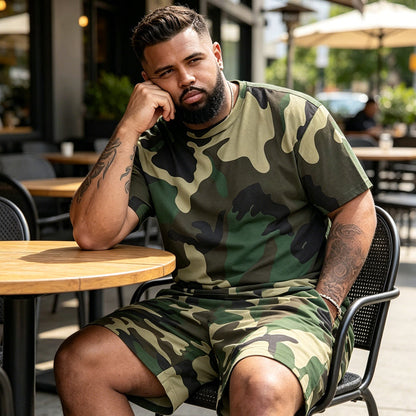 Conjunto de camiseta e shorts com estampa camuflada masculino