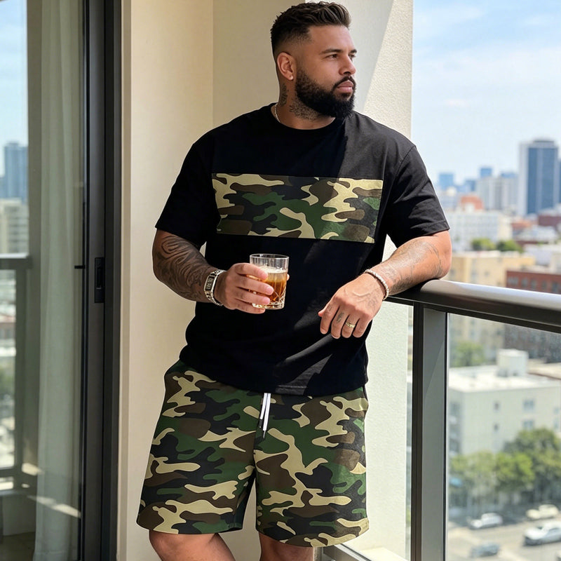 Conjunto de camiseta e shorts com estampa camuflada masculino