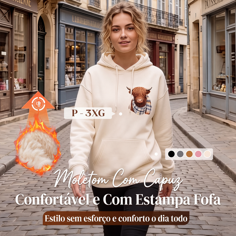 🐮 51% DE DESCONTO!!🎁Moletom com capuz forrado de lã macio e fofo de Vaca das Terras Altas