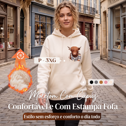 🐮 51% DE DESCONTO!!🎁Moletom com capuz forrado de lã macio e fofo de Vaca das Terras Altas