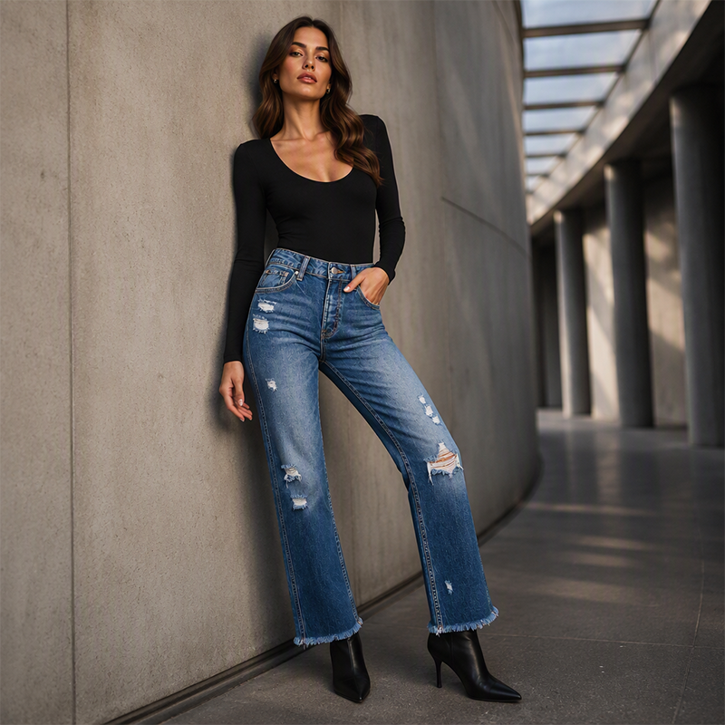 ✨Calças jeans retas desgastadas femininas