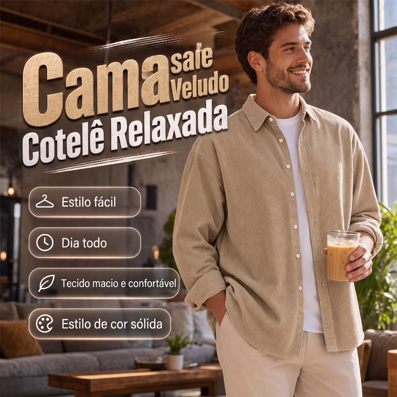 Camisa social casual de veludo cotelê para homem