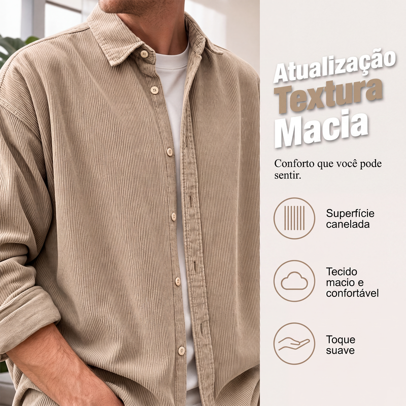 Camisa social casual de veludo cotelê para homem