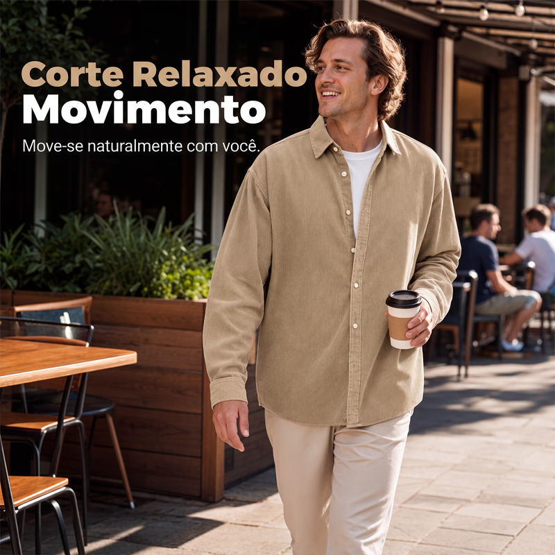 Camisa social casual de veludo cotelê para homem