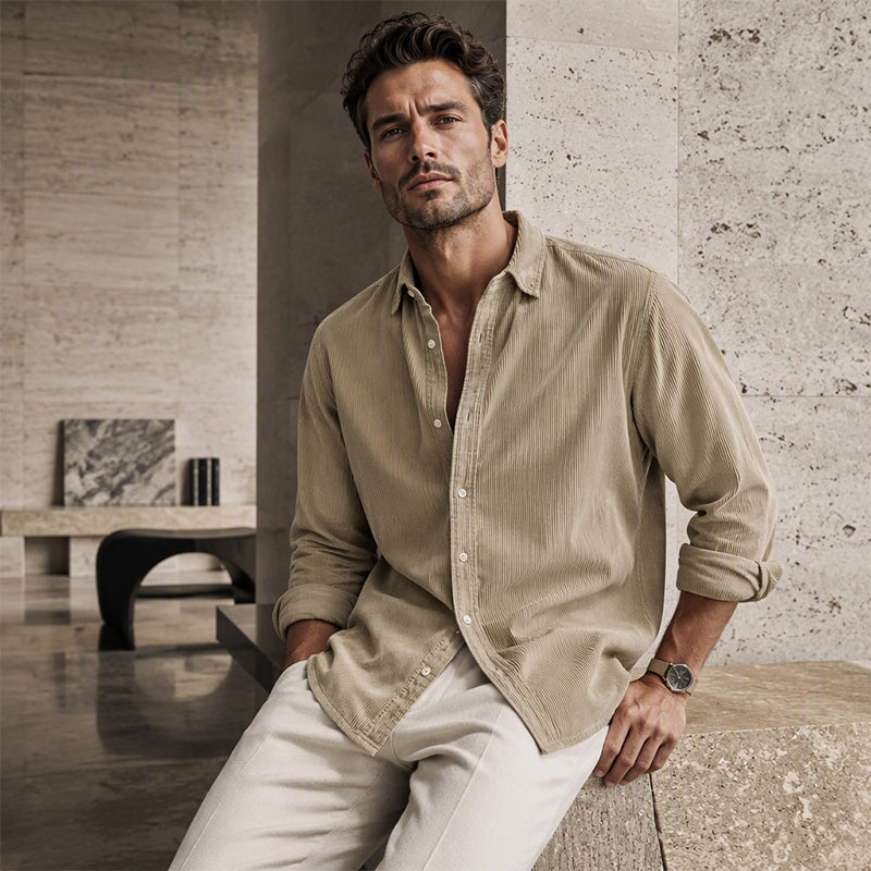 Camisa social casual de veludo cotelê para homem