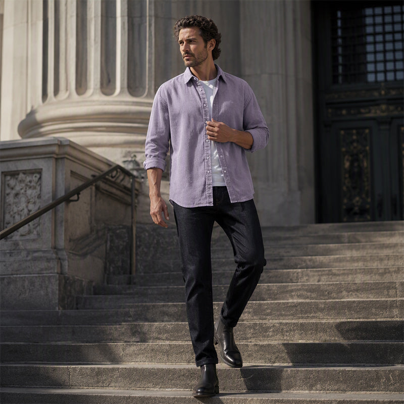 Camisa social casual de veludo cotelê para homem