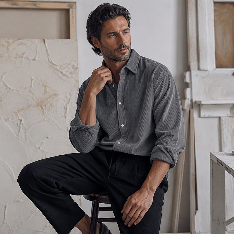 Camisa social casual de veludo cotelê para homem