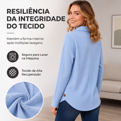 ✨👚Blusa de tricô feminina com bainha irregular e botões
