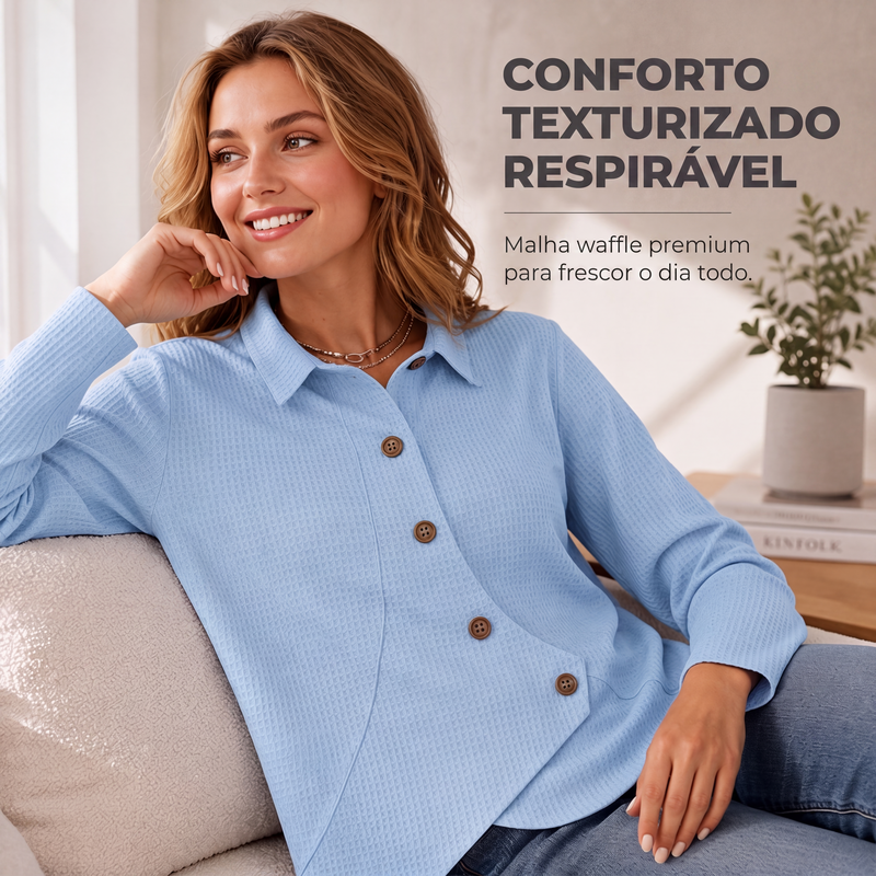 ✨👚Blusa de tricô feminina com bainha irregular e botões