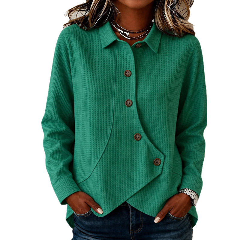 ✨👚Blusa de tricô feminina com bainha irregular e botões