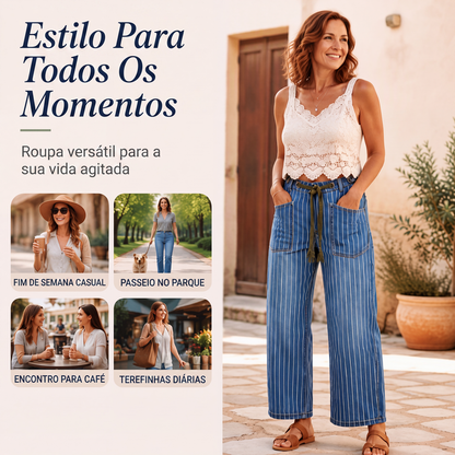 ✨Calças de ganga elásticas com riscas verticais para mulher