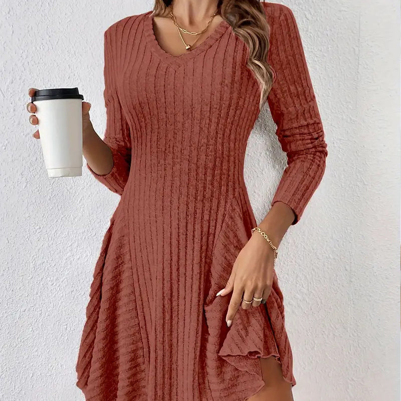 ✨👗Vestido A de malha de manga comprida para mulher