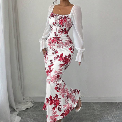✨👗Vestido evasê elegante com estampa floral para mulheres