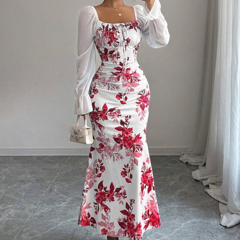✨👗Vestido evasê elegante com estampa floral para mulheres