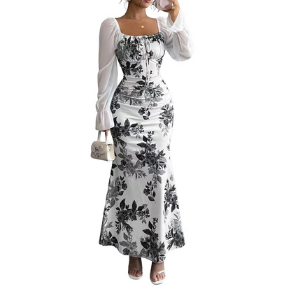 ✨👗Vestido evasê elegante com estampa floral para mulheres