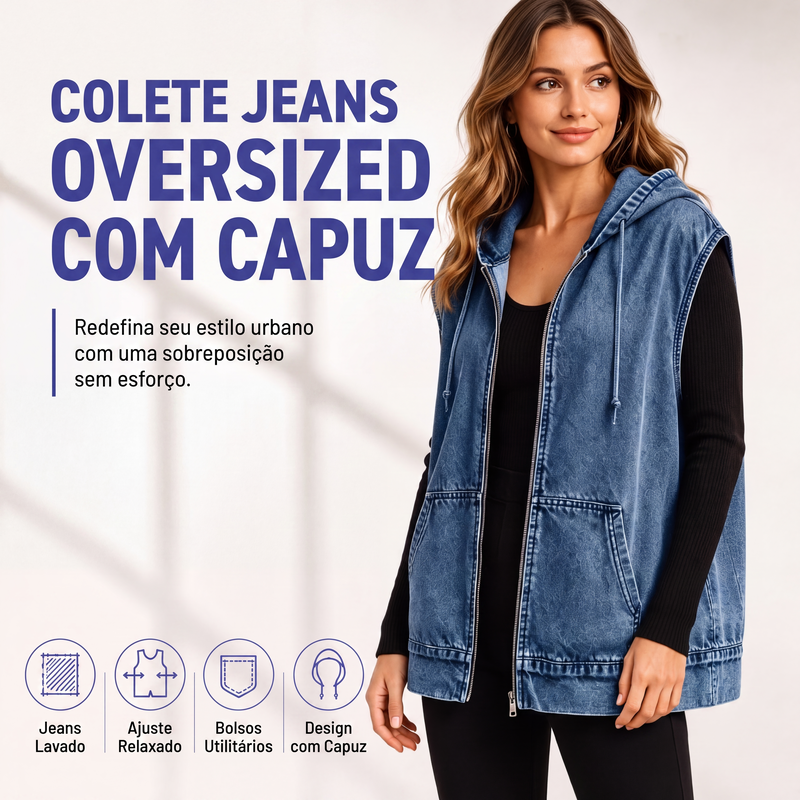 ✨👚Colete Casaco Jeans Casual com Capuz para Mulher