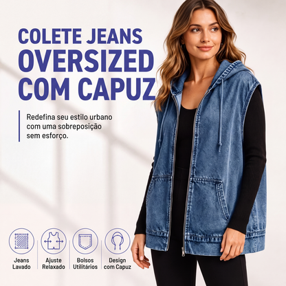 ✨👚Colete Casaco Jeans Casual com Capuz para Mulher