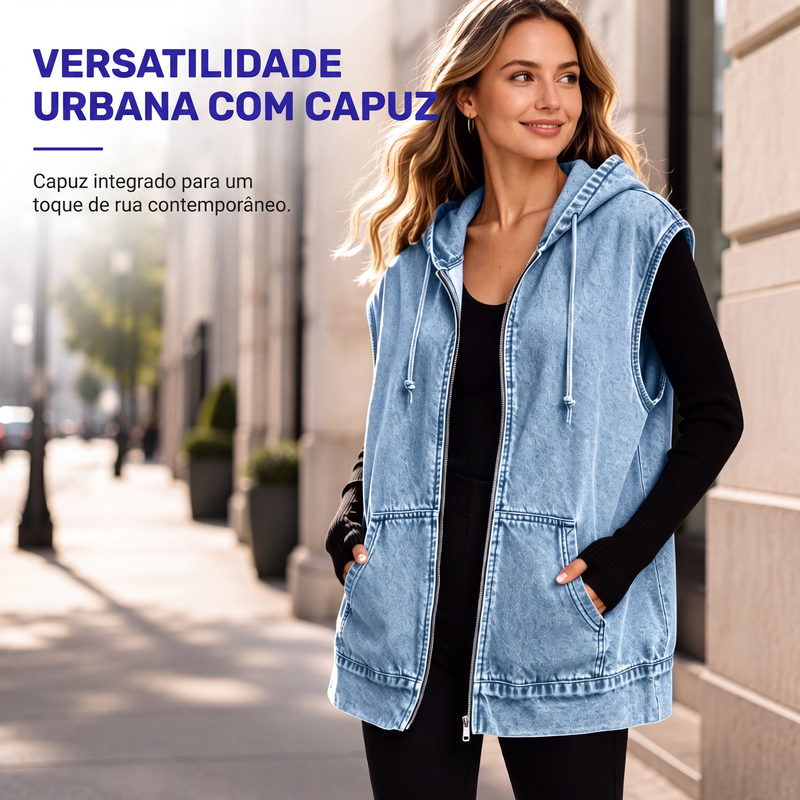 ✨👚Colete Casaco Jeans Casual com Capuz para Mulher