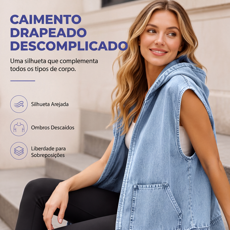 ✨👚Colete Casaco Jeans Casual com Capuz para Mulher