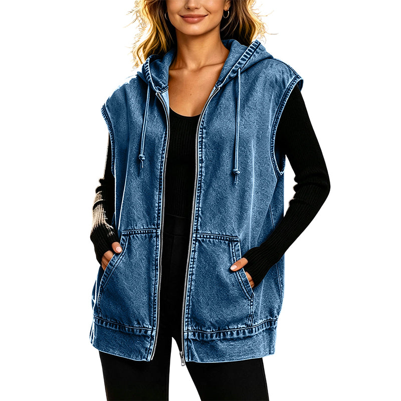 ✨👚Colete Casaco Jeans Casual com Capuz para Mulher