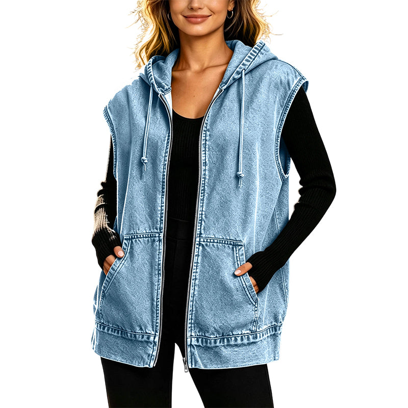 ✨👚Colete Casaco Jeans Casual com Capuz para Mulher