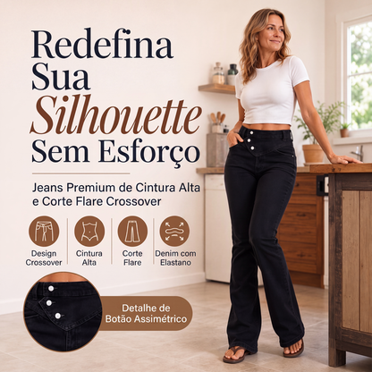 ✨Calças jeans assimétricas com cós cruzado de cintura alta para mulher