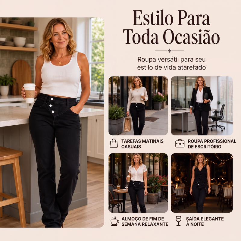 ✨Calças jeans assimétricas com cós cruzado de cintura alta para mulher