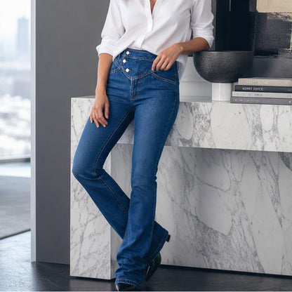 ✨Calças jeans assimétricas com cós cruzado de cintura alta para mulher