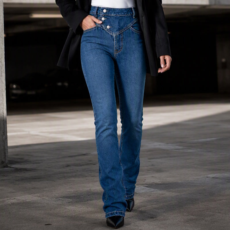 ✨Calças jeans assimétricas com cós cruzado de cintura alta para mulher