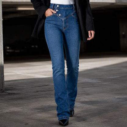 ✨Calças jeans assimétricas com cós cruzado de cintura alta para mulher