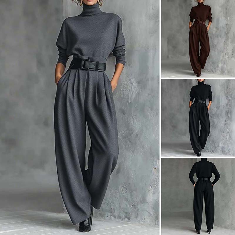 ✨👗Conjunto feminino elegante de blusa de gola alta e calças de cintura alta