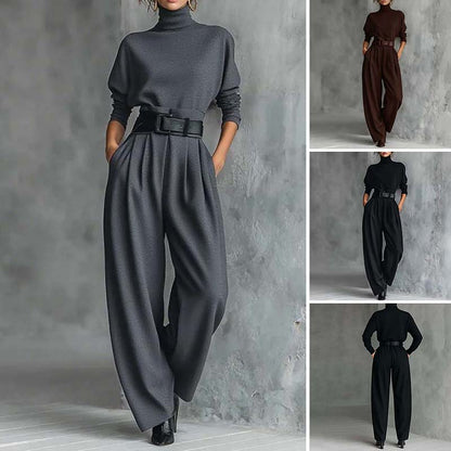 ✨👗Conjunto feminino elegante de blusa de gola alta e calças de cintura alta